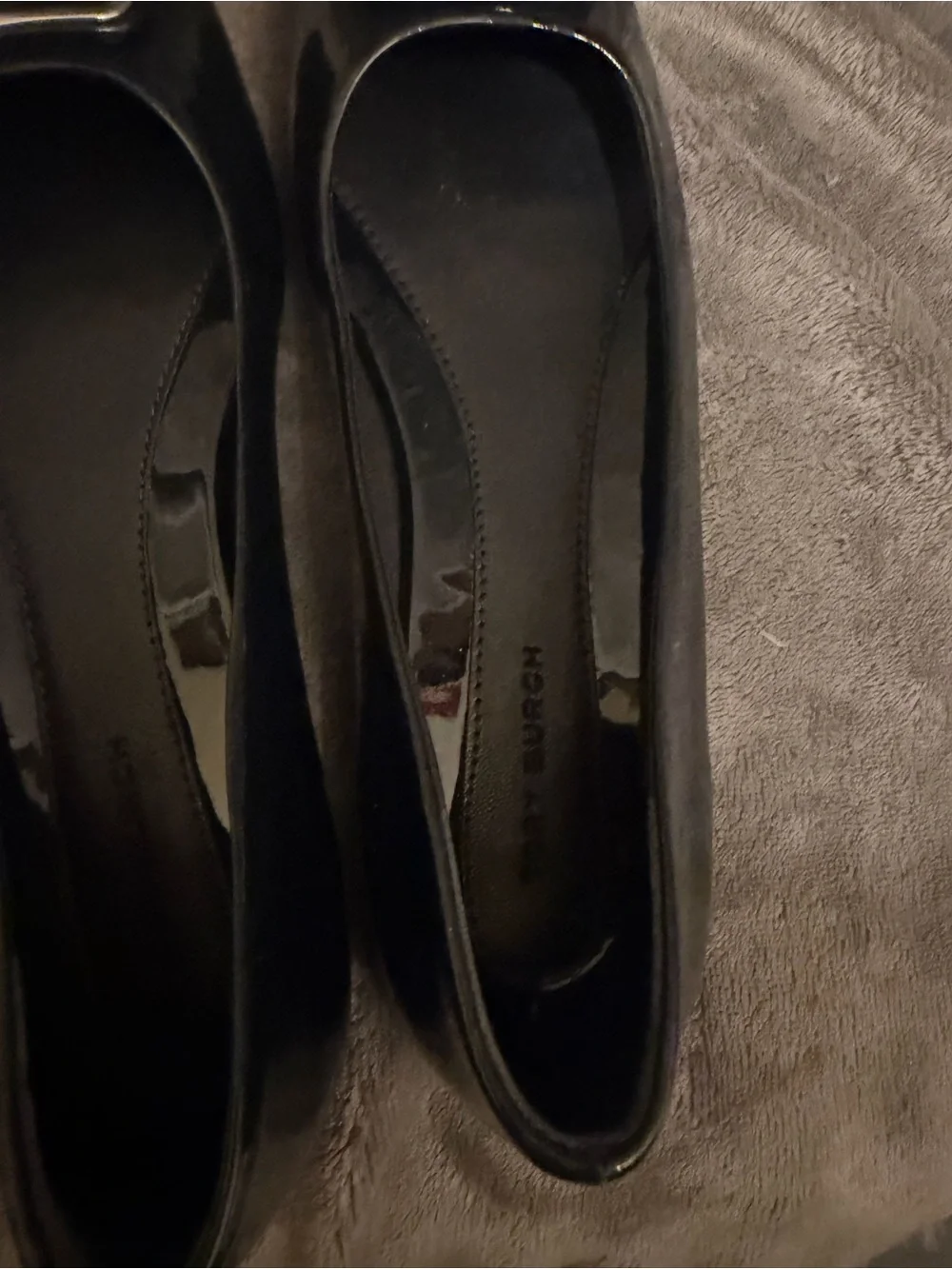 Tory Burch Black Patent Logo Square-Toe Flats with Silver Plaque